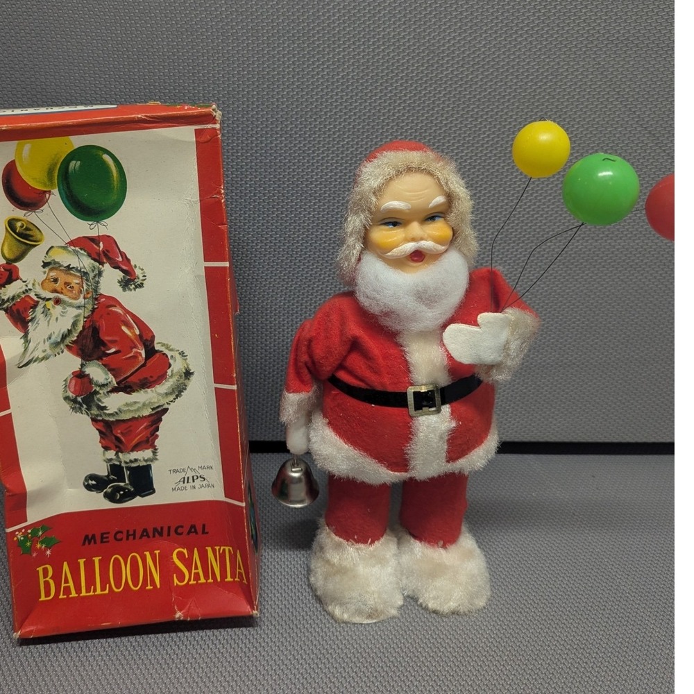 VTG ALPS Mechanical Balloon Santa Wind Up Toy/Decor Japan w/ Box Retro-Working
